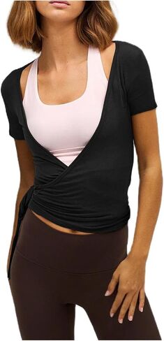 Women Short Sleeve Tie Wrap Top Y2K V Neck Cross Wrap Yoga Crop Top Slim Fit Tie Front Workout Ballet Shirt in Saudi Arabia