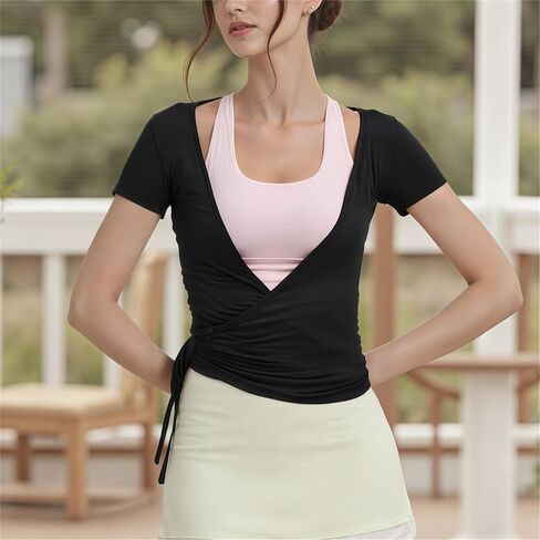 Women Short Sleeve Tie Wrap Top Y2K V Neck Cross Wrap Yoga Crop Top Slim Fit Tie Front Workout Ballet Shirt in Saudi Arabia
