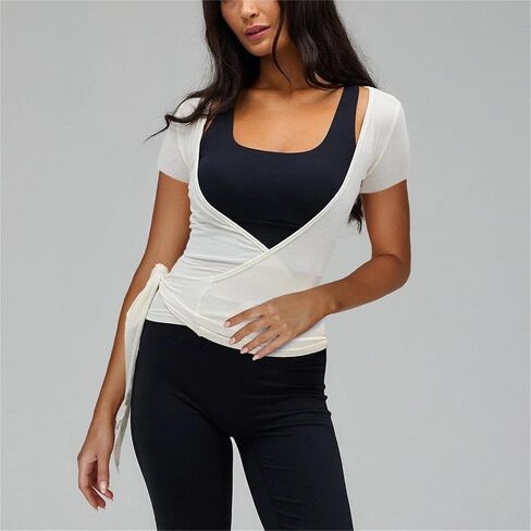 Women Short Sleeve Tie Wrap Top Y2K V Neck Cross Wrap Yoga Crop Top Slim Fit Tie Front Workout Ballet Shirt in Saudi Arabia