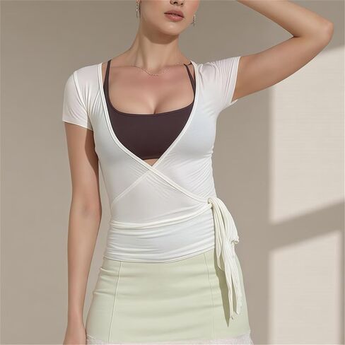 Women Short Sleeve Tie Wrap Top Y2K V Neck Cross Wrap Yoga Crop Top Slim Fit Tie Front Workout Ballet Shirt in Saudi Arabia