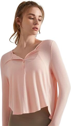 Long Sleeve Workout Shirts for Women V Neck Elastic Oversize Pullover Yoga Gym Tops Quick Dry Hiking Athletic Running Shirts in Kuwait