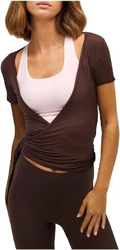 Women Short Sleeve Tie Wrap Top Y2K V Neck Cross Wrap Yoga Crop Top Slim Fit Tie Front Workout Ballet Shirt in Saudi Arabia