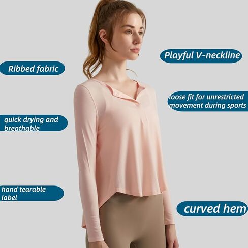 Long Sleeve Workout Shirts for Women V Neck Elastic Oversize Pullover Yoga Gym Tops Quick Dry Hiking Athletic Running Shirts in Kuwait