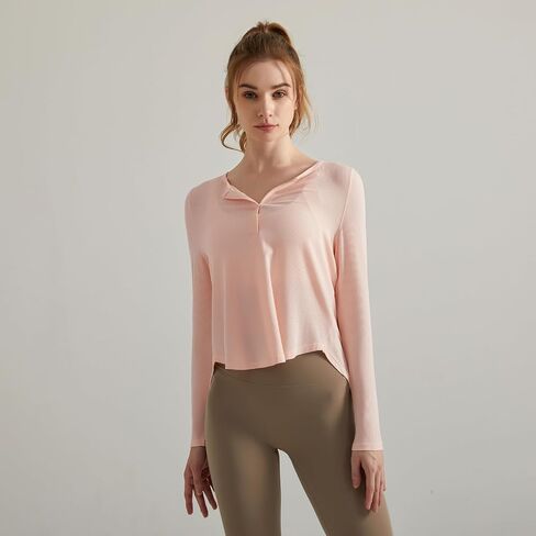 Long Sleeve Workout Shirts for Women V Neck Elastic Oversize Pullover Yoga Gym Tops Quick Dry Hiking Athletic Running Shirts in Kuwait