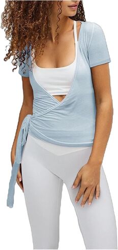 Women Short Sleeve Tie Wrap Top Y2K V Neck Cross Wrap Yoga Crop Top Slim Fit Tie Front Workout Ballet Shirt in Saudi Arabia