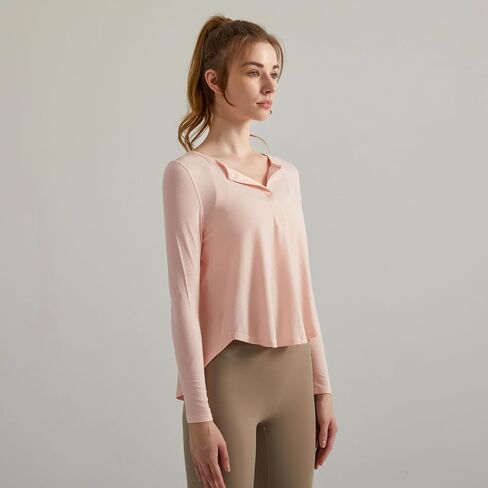 Long Sleeve Workout Shirts for Women V Neck Elastic Oversize Pullover Yoga Gym Tops Quick Dry Hiking Athletic Running Shirts in Kuwait