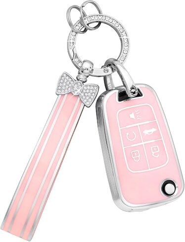 PIFOOG Key Fob Cover for Chevy 5 Button Malibu Equinox Camaro Cruze Trax Impala Sonic Pink Car Keys Case Shell Protector Bling Keychain Full Cover Accessories Cute Girly Women TPU in Kuwait