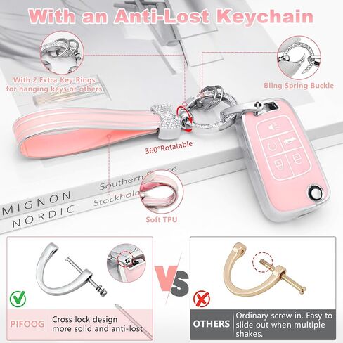 PIFOOG Key Fob Cover for Chevy 5 Button Malibu Equinox Camaro Cruze Trax Impala Sonic Pink Car Keys Case Shell Protector Bling Keychain Full Cover Accessories Cute Girly Women TPU in Kuwait