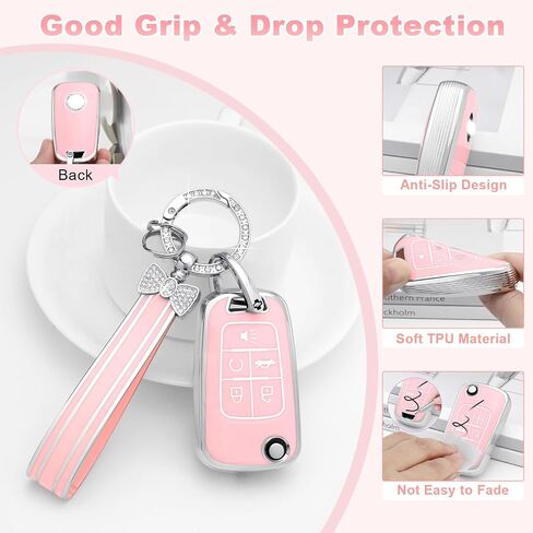 PIFOOG Key Fob Cover for Chevy 5 Button Malibu Equinox Camaro Cruze Trax Impala Sonic Pink Car Keys Case Shell Protector Bling Keychain Full Cover Accessories Cute Girly Women TPU in Kuwait