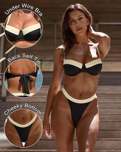 مجموعات Thong Bikini للنساء- ملابس السباحة الداخلية من قطعتين بدلة السباحة بلون كتلة دفع أعلى سلسلة صفيق القاع in Saudi Arabia