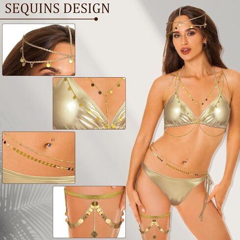 5 PCS Women Gold Bikini with Gold elecins chain chain chain body body weist frain chain jewelry swimsuit suits suits suits suits in Saudi Arabia