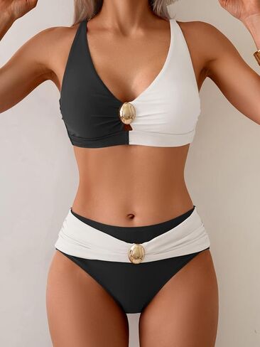 Eomenie Bikini Sets for Women Color Block Two Piece Bathing Suit V Neck Tie Back Swimsuit in Saudi Arabia