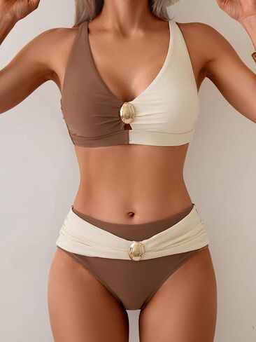 Eomenie Bikini Sets for Women Color Block Two Piece Bathing Suit V Neck Tie Back Swimsuit in Saudi Arabia