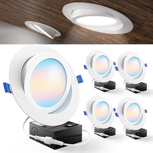 Sunco 4 Pack 4 Inch Gimbal LED Recessed Light Slim, 900LM High Brightness, 2700K/3000K/4000K/5000K/6000K Selectable, 8W, Angled Directional Canless Downlight with JBox - ETL & FCC in Kuwait