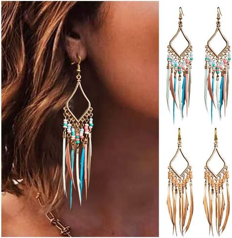 Bead Earrings Set Feather Tassel Gold Boho Ethnic Retro Bohemian Dangle Earring Bead Women Jewelry for Birthday Party Gifts in Kuwait