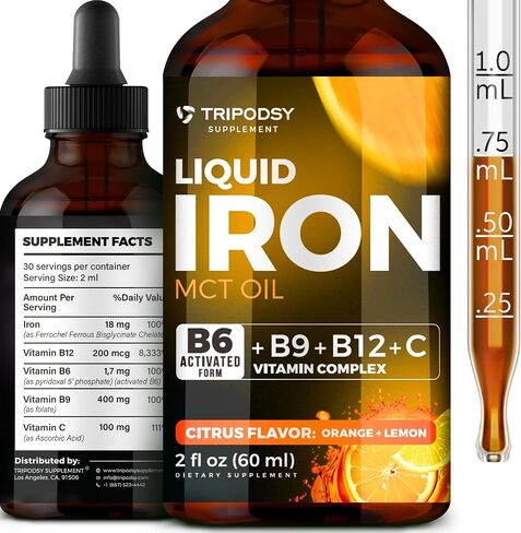 Liquid Iron Supplement for Women and Men - Iron Drops with B6, B9, B12, Vitamin C, Iron Vitamin for Anemia, Blood Builder, Folate for Red Blood Cell and Immune Support, MCT Oil (2 Fl Oz, Mixed Berry) in Saudi Arabia