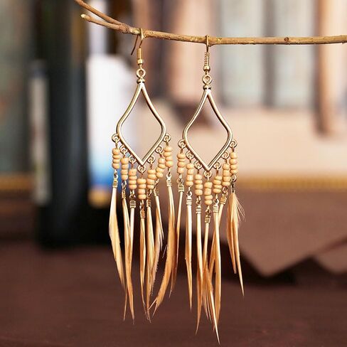 Bead Earrings Set Feather Tassel Gold Boho Ethnic Retro Bohemian Dangle Earring Bead Women Jewelry for Birthday Party Gifts in Kuwait