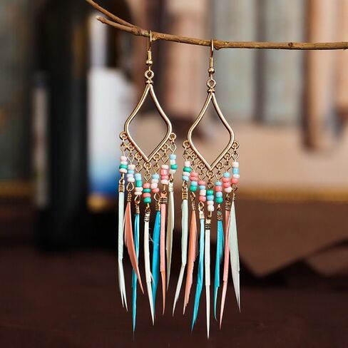 Bead Earrings Set Feather Tassel Gold Boho Ethnic Retro Bohemian Dangle Earring Bead Women Jewelry for Birthday Party Gifts in Kuwait