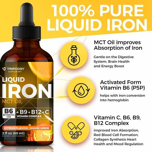 Liquid Iron Supplement for Women and Men - Iron Drops with B6, B9, B12, Vitamin C, Iron Vitamin for Anemia, Blood Builder, Folate for Red Blood Cell and Immune Support, MCT Oil (2 Fl Oz, Mixed Berry) in Saudi Arabia