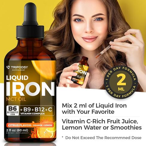 Liquid Iron Supplement for Women and Men - Iron Drops with B6, B9, B12, Vitamin C, Iron Vitamin for Anemia, Blood Builder, Folate for Red Blood Cell and Immune Support, MCT Oil (2 Fl Oz, Mixed Berry) in Saudi Arabia
