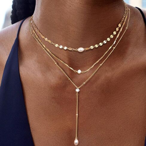 Dochais Layered Gold Chain Necklaces for Women Dainty Choker Charm Necklace Stack 14k Gold-Plated Non-Tarnish Statement Pendant Necklace Set in Kuwait