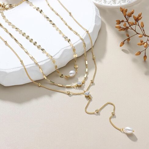 Dochais Layered Gold Chain Necklaces for Women Dainty Choker Charm Necklace Stack 14k Gold-Plated Non-Tarnish Statement Pendant Necklace Set in Kuwait