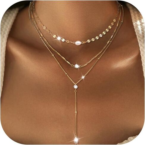 Dochais Layered Gold Chain Necklaces for Women Dainty Choker Charm Necklace Stack 14k Gold-Plated Non-Tarnish Statement Pendant Necklace Set in Kuwait