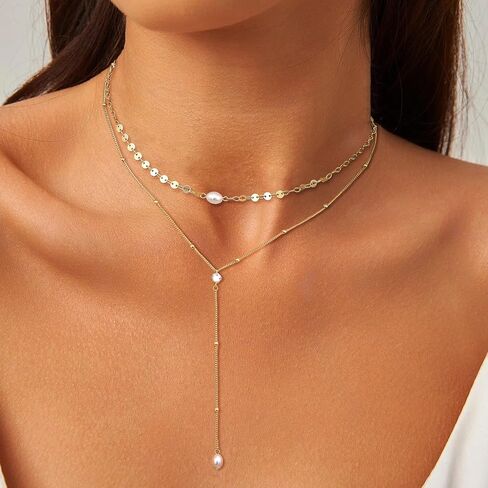 Dochais Layered Gold Chain Necklaces for Women Dainty Choker Charm Necklace Stack 14k Gold-Plated Non-Tarnish Statement Pendant Necklace Set in Kuwait