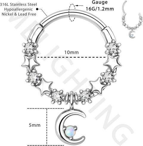 Melighting Septum Rings 16G Moon Septum Jewelry with Opal Clear CZ Surgical Steel 316L Star Helix Earring Dangle Daith Earrings Body Piercing for Women Men in Saudi Arabia