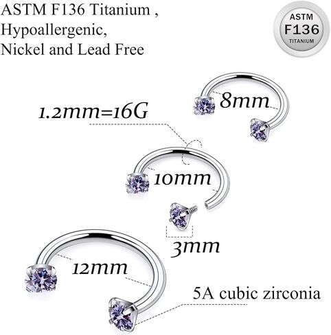 Ruifan ASTM F136 Titanium Horseshoe Nose Ring 16g Zircon Cubic Zircon Rings Jewelry Jewelry Internalage Conch Helix Rook Tragus Lip Enring Entring Hoop Ewebrow for Women 8mm 10mm 12mm in Kuwait
