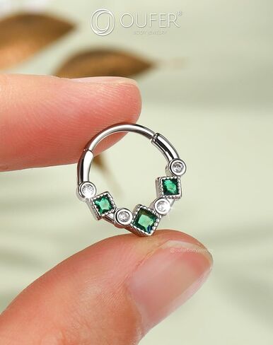 OUFER Gold Septum Ring, 16G Green CZ Septum Piercing Jewelry, 316L Surgical Steel Septum Jewelry, Hinged Segment Daith Helix Cartilage Earrings For Women in Saudi Arabia