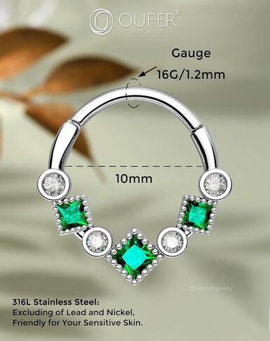 OUFER Gold Septum Ring, 16G Green CZ Septum Piercing Jewelry, 316L Surgical Steel Septum Jewelry, Hinged Segment Daith Helix Cartilage Earrings For Women in Saudi Arabia