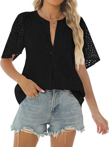 Relipop Women's Summer Eyelet Tops 2025 Dressy Casual V Neck Flutter Sleeve Hollow Out Lace Embroidered Blouses Shirts in Saudi Arabia