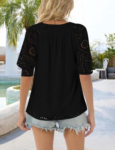 Relipop Women's Summer Eyelet Tops 2025 Dressy Casual V Neck Flutter Sleeve Hollow Out Lace Embroidered Blouses Shirts in Saudi Arabia