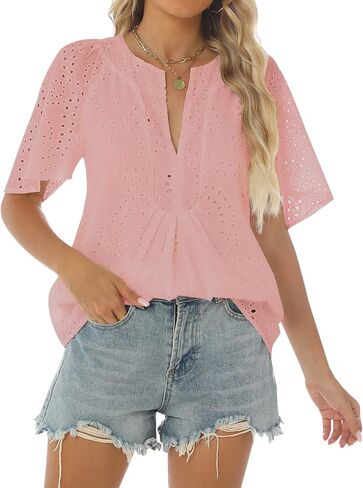 Relipop Women's Summer Eyelet Tops 2025 Dressy Casual V Neck Flutter Sleeve Hollow Out Lace Embroidered Blouses Shirts in Saudi Arabia