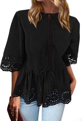 PRETTYGARDEN Tie Front Peplum Tops for Women Summer Y2K Short Sleeve Babydoll Cute Going Out Top Eyelet Blouse Shirt in Kuwait