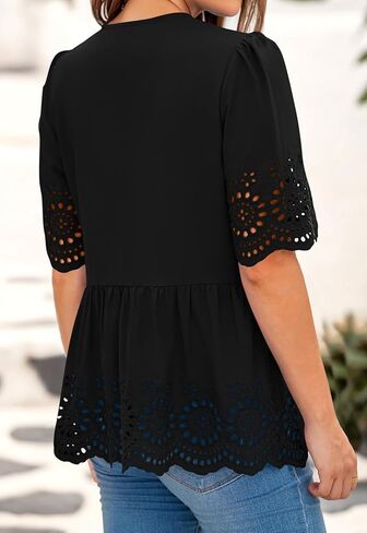 PRETTYGARDEN Tie Front Peplum Tops for Women Summer Y2K Short Sleeve Babydoll Cute Going Out Top Eyelet Blouse Shirt in Kuwait