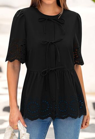 PRETTYGARDEN Tie Front Peplum Tops for Women Summer Y2K Short Sleeve Babydoll Cute Going Out Top Eyelet Blouse Shirt in Kuwait