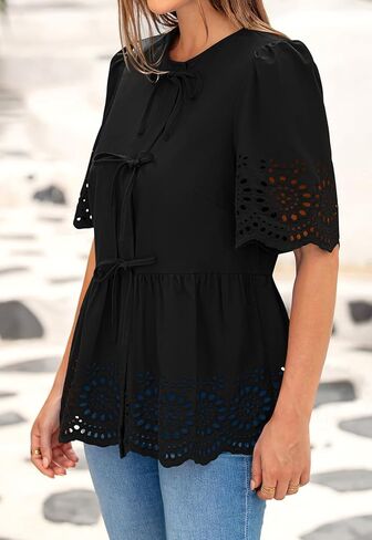 PRETTYGARDEN Tie Front Peplum Tops for Women Summer Y2K Short Sleeve Babydoll Cute Going Out Top Eyelet Blouse Shirt in Kuwait