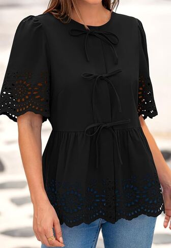 PRETTYGARDEN Tie Front Peplum Tops for Women Summer Y2K Short Sleeve Babydoll Cute Going Out Top Eyelet Blouse Shirt in Kuwait