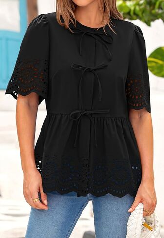 PRETTYGARDEN Tie Front Peplum Tops for Women Summer Y2K Short Sleeve Babydoll Cute Going Out Top Eyelet Blouse Shirt in Kuwait