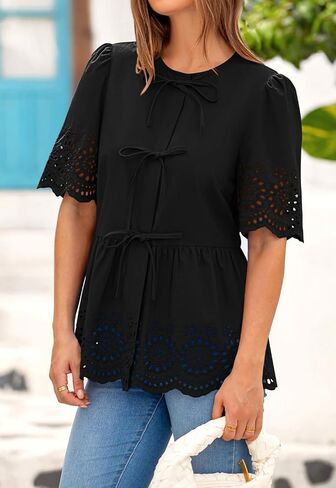 PRETTYGARDEN Tie Front Peplum Tops for Women Summer Y2K Short Sleeve Babydoll Cute Going Out Top Eyelet Blouse Shirt in Kuwait