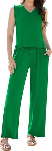 Womens 2 Piece Outfits Lounge Set Casual V Neck Sleeveless Top Wide Leg Pants Set Summer Trendy Clothes in Saudi Arabia