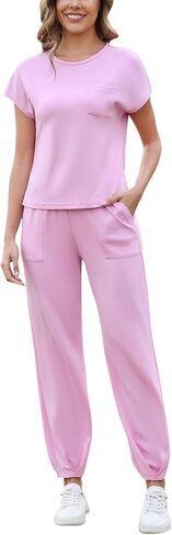 Marvmys Women's Casual Crew Neck Short Sleeve Lounge Set 2 Piece Outfits Travel Tracksuit Pants and Top Loungewear Set in Saudi Arabia