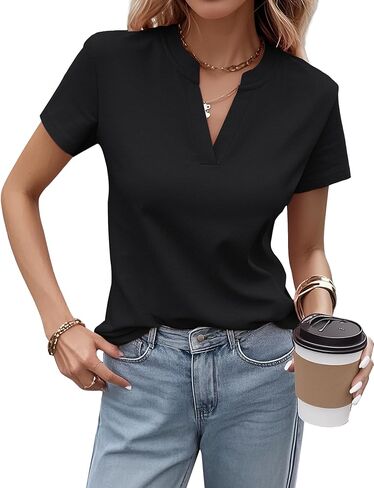 Women's V Neck T-Shirts 2025 Trendy Summer Short Sleeve Casual Tees Slim Fit Basic Tops for Work in Kuwait
