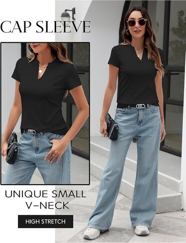 Women's V Neck T-Shirts 2025 Trendy Summer Short Sleeve Casual Tees Slim Fit Basic Tops for Work in Kuwait