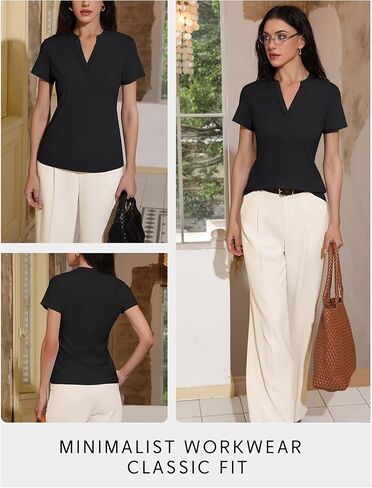 Women's V Neck T-Shirts 2025 Trendy Summer Short Sleeve Casual Tees Slim Fit Basic Tops for Work in Kuwait