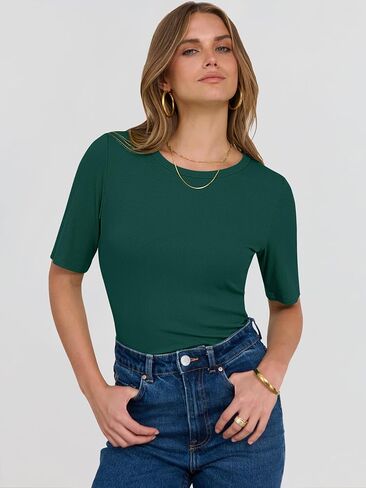 ANRABESS Womens Half Sleeve Crewneck Tops Ribbed Knit Slim Fit Shirts Basic Tee 2025 Spring Summer Dressy Casual T-Shirts in Saudi Arabia
