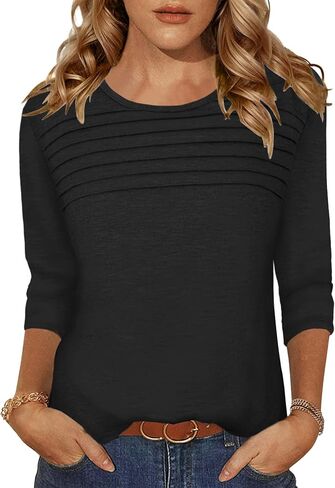 Womens Tops 3/4 Length Sleeve Tshirts Summer Dressy Casual Crew Neck Blouses Spring Pleated Clothes S-XXL in Saudi Arabia