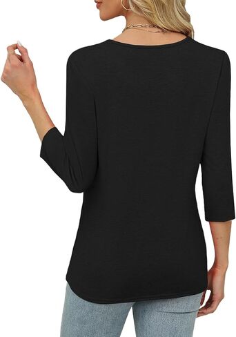 Womens Tops 3/4 Length Sleeve Tshirts Summer Dressy Casual Crew Neck Blouses Spring Pleated Clothes S-XXL in Saudi Arabia